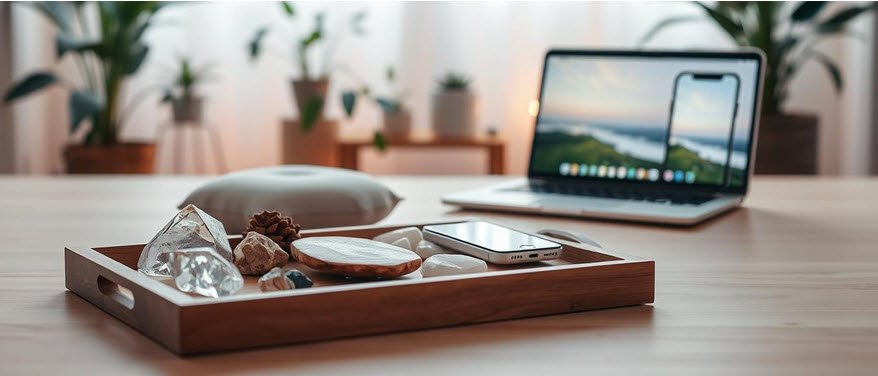 Arbeitsplatz mit Kristallen und Laptop, Achtsamkeit